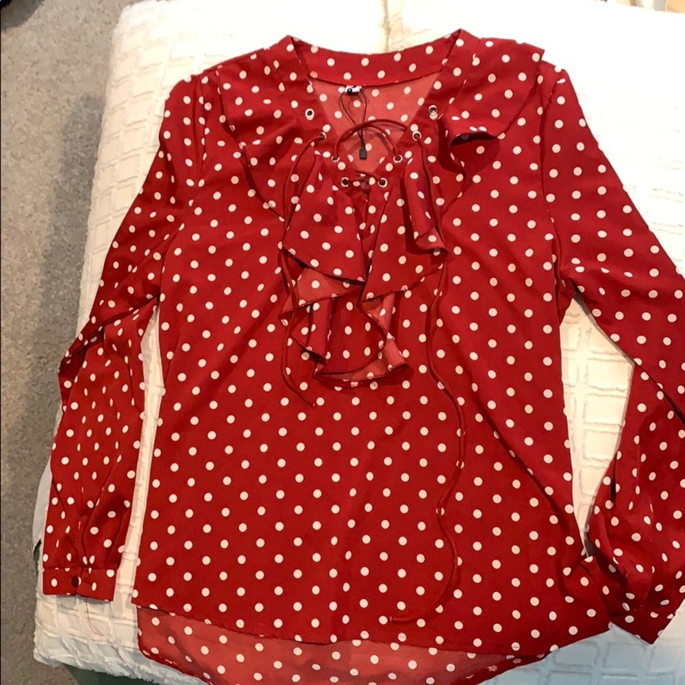 Red polka dot polyester ruffle shirt
